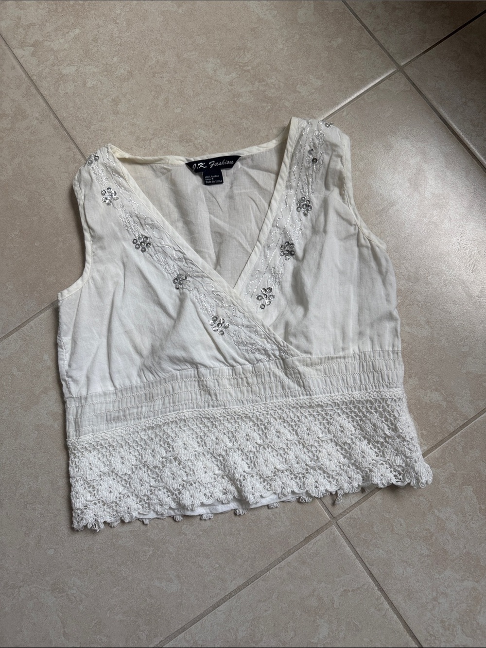 White Sleeveless V-Neck Crochet Hem Camisole